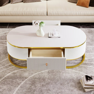 English Elm Modern Oval Coffee Table with Drawers and Gold Base, High-Gloss White Finish, Durable 47.2" Centerpiece N735P192897K
