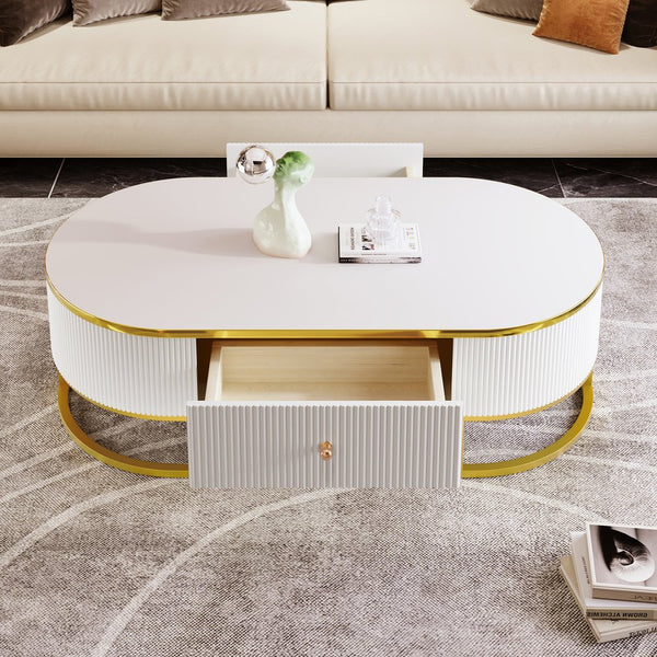 English Elm Modern Oval Coffee Table with Drawers and Gold Base, High-Gloss White Finish, Durable 47.2" Centerpiece N735P192897K