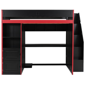 English Elm Gaming Full Loft Bed with Built-in Desk Led Lights and Storage for Teen Rooms N709P004103J