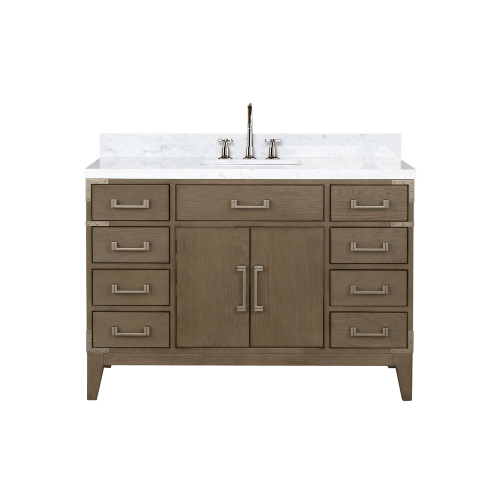 English Elm Grey Oak Single Bath Vanity With Carrara Marble Top, Faucet Set, Soft-Close Drawers & Stylish Storage B2731P259818