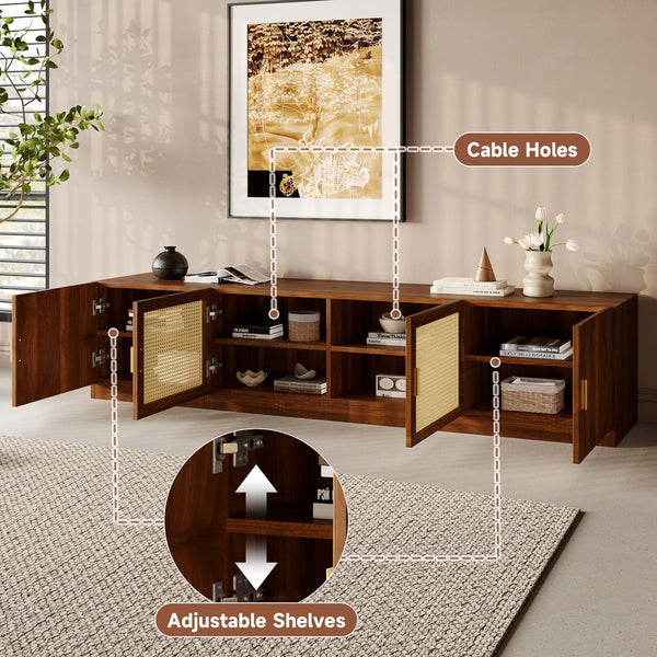 English Elm 78" TV Stand for TVs up to 85" — Walnut Media Console with Rattan Doors, Fluted Fronts & Adjustable Shelves N710P362196P