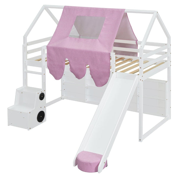English Elm Twin House Loft Bed with Tent Canopy Slide and Shelves Pinewood Kids Frame White LT000682AAK-1