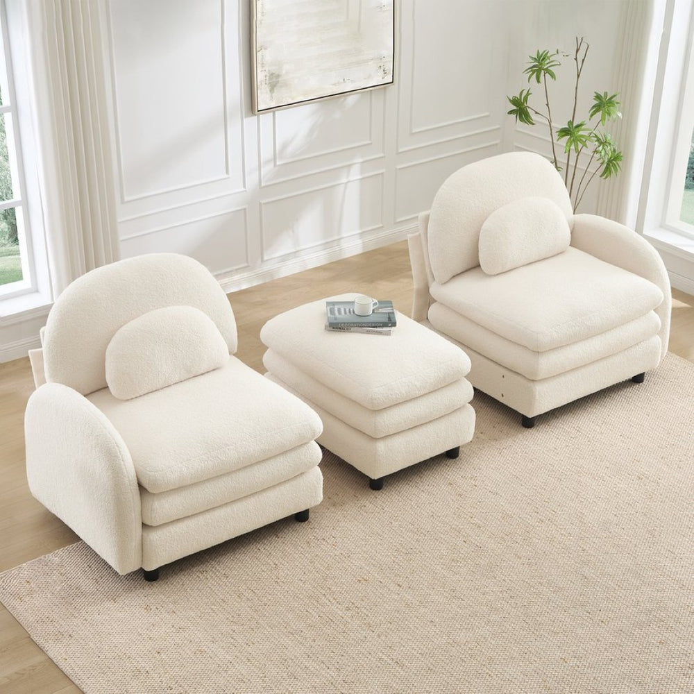English Elm Teddy Fleece Modular Loveseat with Ottoman Curved Sculptural Sofa for Living Room Beige White W5656S00075