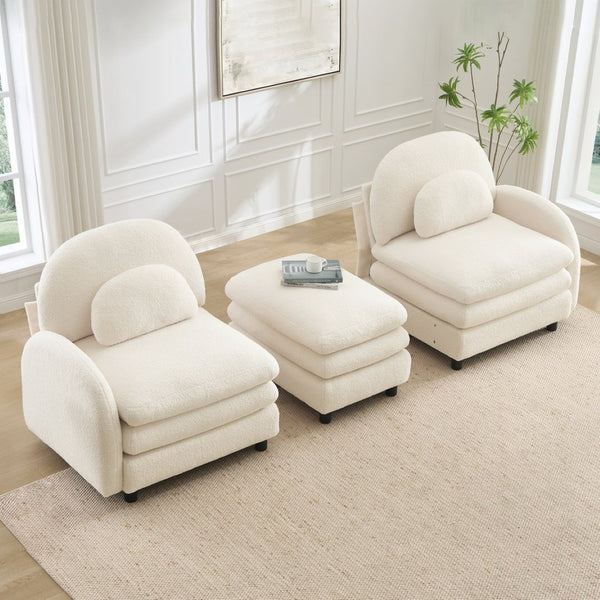 English Elm Teddy Fleece Modular Loveseat with Ottoman Curved Sculptural Sofa for Living Room Beige White W5656S00075