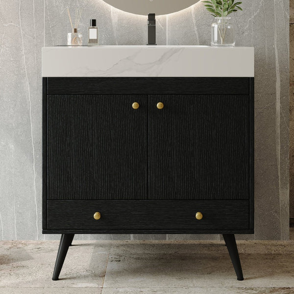 English Elm Contemporary Freestanding Bathroom Vanity Sintered Stone Top Ceramic Sink Steel Legs W3136S00062