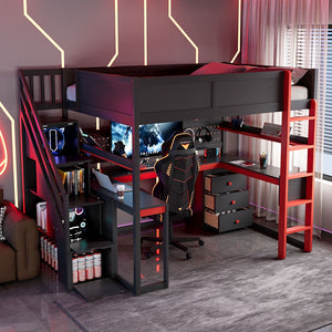 English Elm Full Size Gaming Loft Bed with Led Lighting Desk Shelves and Usb Charging Ports N820S00071J