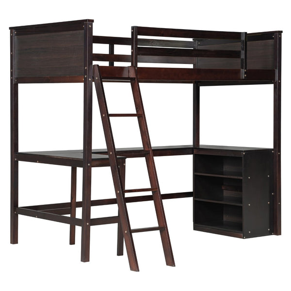 English Elm Twin Loft Bed with Built-in Desk and Open Shelves Solid Pine Kids Study Sleep Espresso LT001537AAP-1