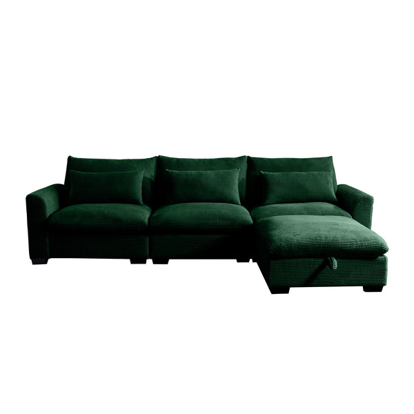 English Elm Corduroy Sectional Sofa - L-Shaped Couch With Storage Footstool & 3 Pillows, Stylish Comfort For Any Room W714S00671
