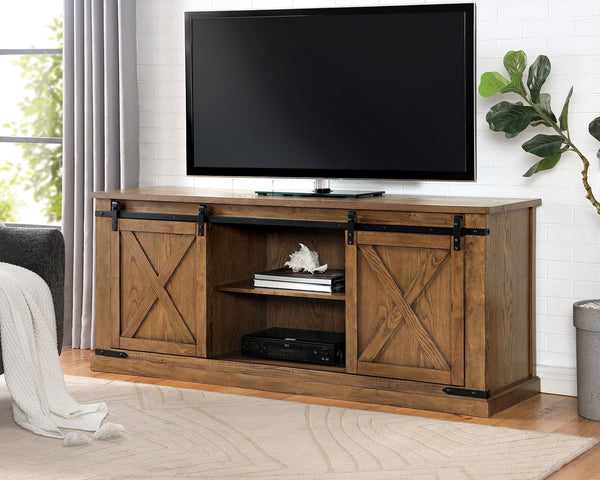 English Elm Rustic 72" TV Console with Sliding Barn Doors, X-Design Metal Accents, Open Shelves, Dark Oak Finish B2741P361884