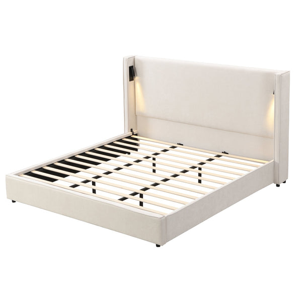 English Elm Christopher Knight Home® - King Size Upholstered Bed Frame With Wingback Headboard, Usb Charging & Adjustable Reading Lamp N757P235229B