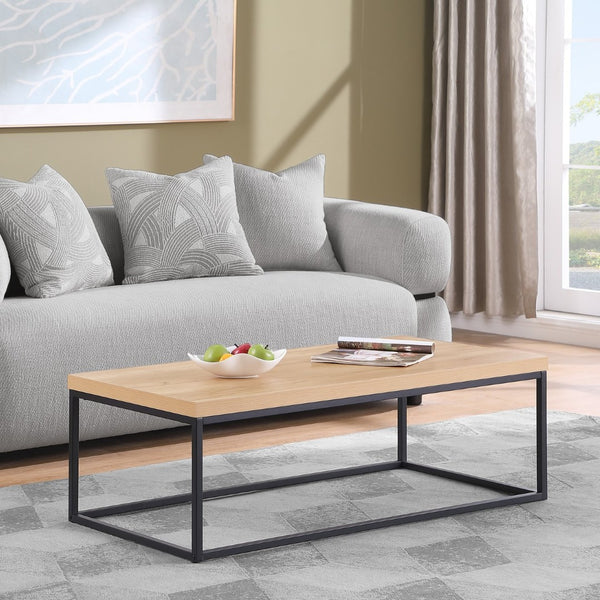 English Elm 47" Faux Stone Slab Coffee Table with Powder-coated Steel Frame for Modern Loft Living Oak W3151P400581