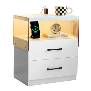English Elm Nightstand with LED Lights and Adjustable Colors, Modern Bedside Table with Power Outlets & Drawers White 22 L x 8 W x 18 H W2178P252967