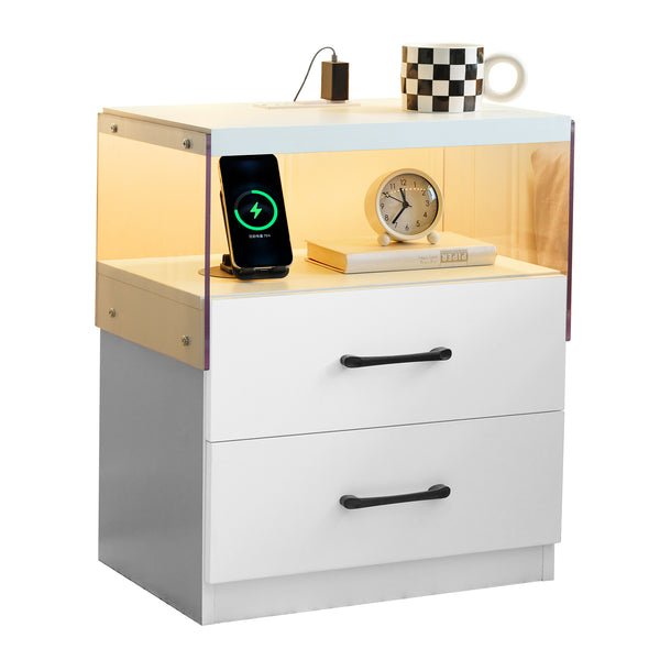 English Elm Nightstand with LED Lights and Adjustable Colors, Modern Bedside Table with Power Outlets & Drawers White 22 L x 8 W x 18 H W2178P252967