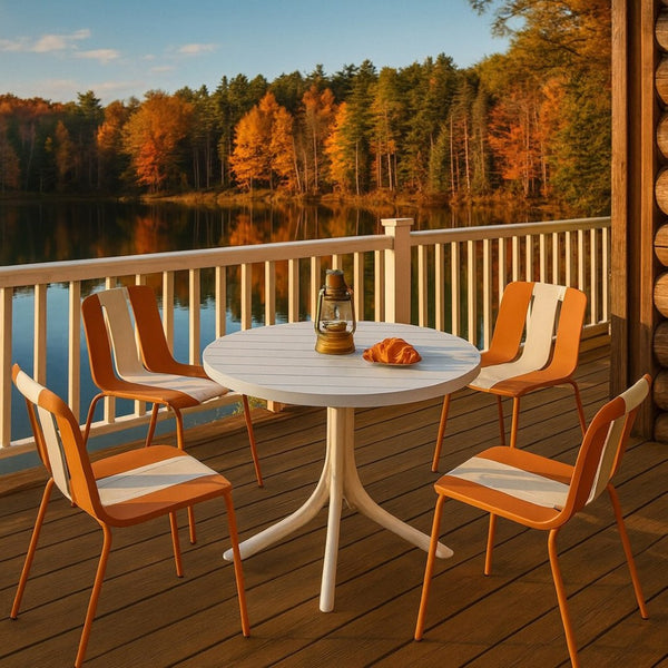 English Elm Summer 5 Piece Round Polypropylene Dining Set Uv Resistant Striped Indoor Outdoor Patio Beige,Tropical Orange,White W3450S00040