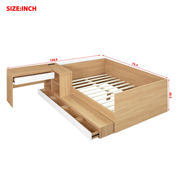 English Elm Full Size Wooden Platform Bed With 6 Drawers, Open Shelves & Dressing Table - Stylish & Functional! N820S00059N
