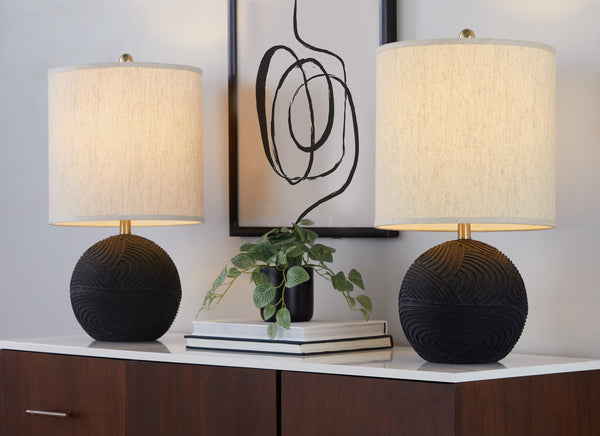 English Elm Kona 23" Contemporary Polyresin Table Lamp Set of 2 in Matte Black with Brass Accents & Linen Shade, Warm Glow B202P224001