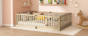 English Elm Twin Montessori Floor Bed Solid Rubber Wood with Safety Fence Rails Toddler Room W504P411200