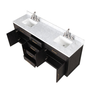 English Elm Brown Oak 80in Double Bath Vanity with Carrara Marble Top, Soft-Close Drawers & Chrome Faucets B2731P257812