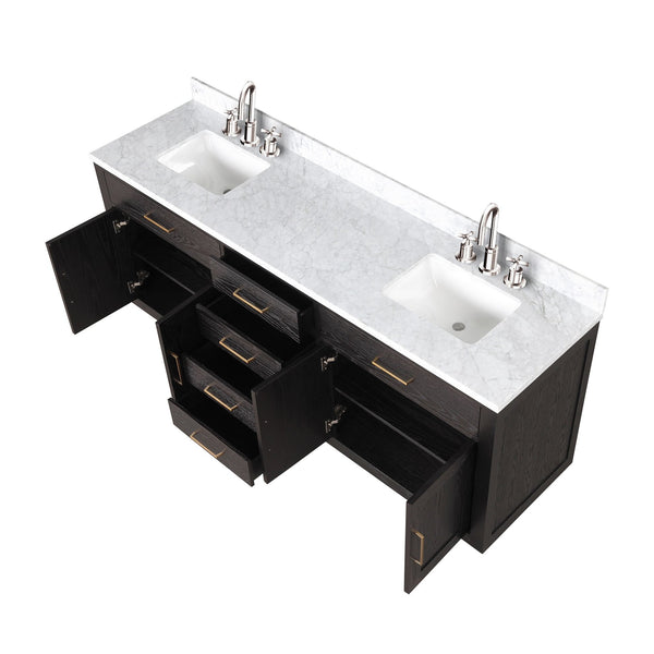 English Elm Brown Oak 80in Double Bath Vanity with Carrara Marble Top, Soft-Close Drawers & Chrome Faucets B2731P257812