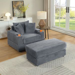 English Elm sofa Oversized Corduroy Deep-Seat Chaise with Ottoman and Lumbar Support — Plush, Sturdy Comfort Grey W1420S00009