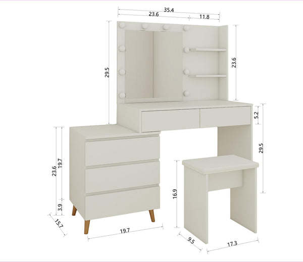 English Elm LED Lighted Makeup Vanity Table with Mirror, Ancient White Melamine, Stool, Drawers & Organizer Elegance W2139P306365