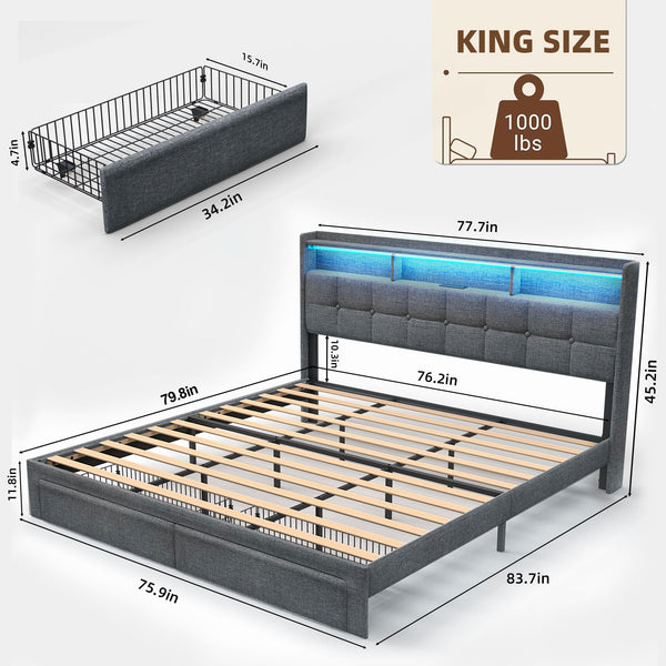 English Elm King LED Upholstered Bed Frame with Storage Headboard, 2 Drawers, Fast Charging Ports & Mood Lights W1550P190366
