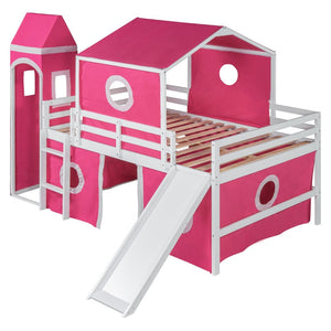English Elm Full Size Kids Castle Loft Bed with Slide Tent and Tower Pinewood Play Structure LT000771AAH-1