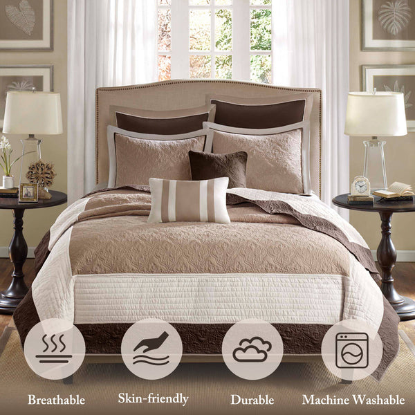 JLA Home Madison Park - 7 Piece Quilt Set evokes hotel-inspired Damask elegance with breathable microfiber fill for year-round comfort 104 L x 94 W x 0.25H MP13-241