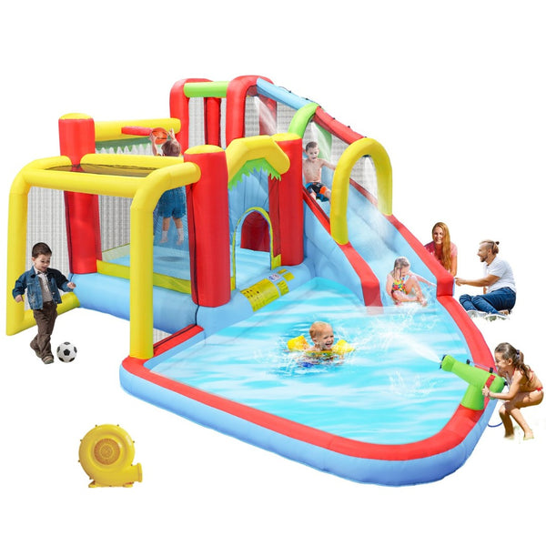 English Elm 7 in 1 Inflatable Backyard Water Park with Slide Splash Pool Climbing Wall and Bouncer W167790010