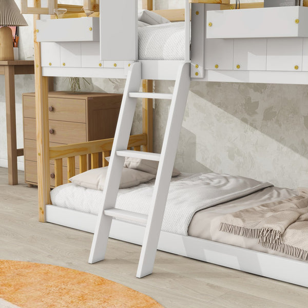 English Elm Twin House Bunk Bed with Roof, Window Box, Door, Guardrails & Ladder—Sturdy Pine Playful Design for Kids Natural+White W504S00147