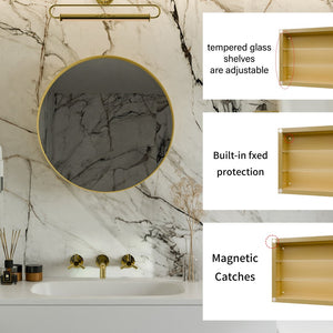 English Elm 23.6 Inch Round Matte Metal Medicine Cabinet with Mirrored Door and Adjustable Shelves Golden W1435P312262