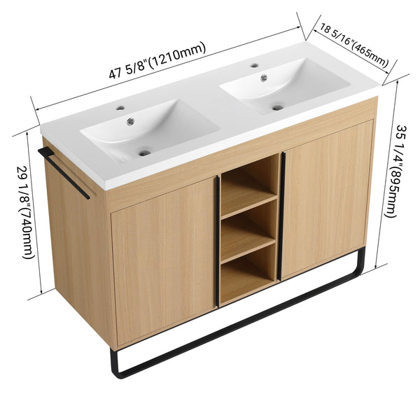 English Elm 48" Freestanding Bathroom Vanity With Resin Double Sink, Soft-Close Doors & Open Storage For Modern Style W999S00479