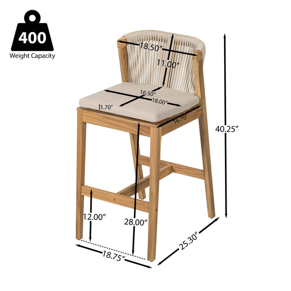 English Elm Christopher Knight Home® - Louie Teak-Finish Outdoor Barstool Set of 2 with Beige Cushions, Rope Back, Weatherproof Acacia Wood N775P301353T