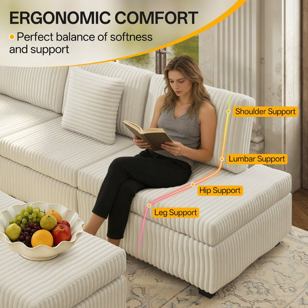 English Elm 110.2" Corduroy Sectional Sleeper Sofa with Ottoman Usb Ports Storage Armrests Living Room Beige W3219S00013