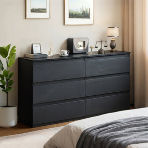 English Elm 6 Drawer Modern Dresser with Concealed Handles, Spacious Top, Durable Wood Storage Cabinet for Bedroom Black W3204P318439