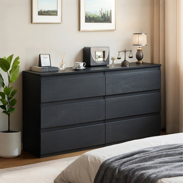 English Elm 6 Drawer Modern Dresser with Concealed Handles, Spacious Top, Durable Wood Storage Cabinet for Bedroom Black W3204P318439