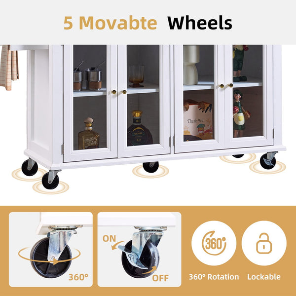 English Elm White Kitchen Island Cart with Wood Top, Drop-Leaf, Locking Wheels, 2 Drawers & Cabinet Storage W2565P359239