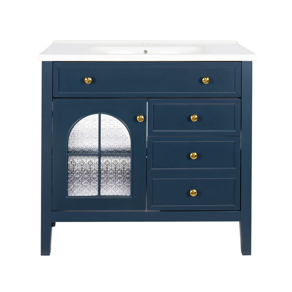 English Elm 35.6" Freestanding Bathroom Vanity with Roman Column Base and Ceramic Integrated Sink Blue W1801S00012