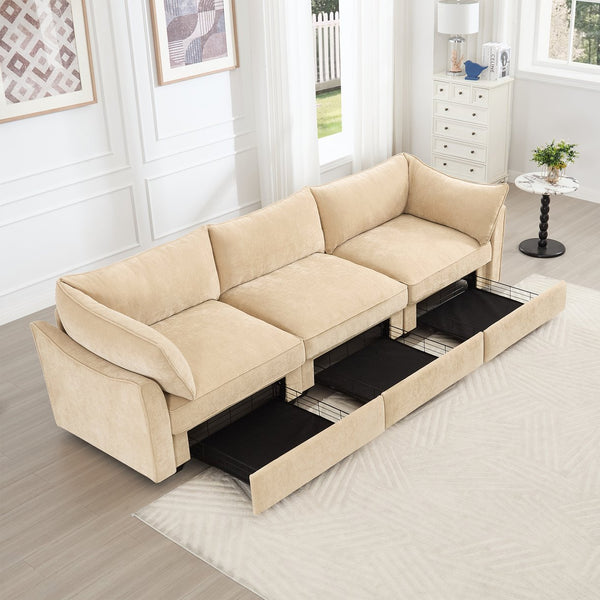 English Elm 3-Seater Sofa With Storage Drawers, Crescent Armrests & Soft Wheat Chenille For Modern Living Spaces W3041S00175