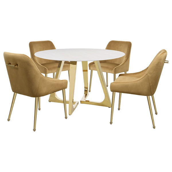 English Elm Imani White Marble Round Dining Table with Gold Stainless Steel Geometric Base B062S01552