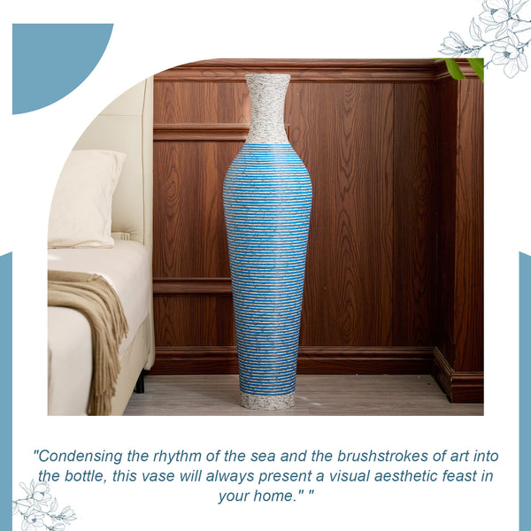 English Elm 39-Inch Tall Designer Floor Vase in Lake Blue PVC with Brushed Gold Accents for Dramatic Room Styling W2796P300933