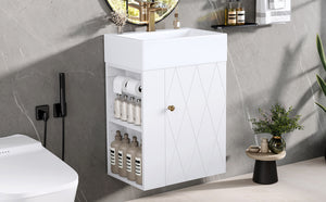 English Elm 20 Modern Wall-Mounted Bathroom Vanity with Ceramic Sink, Diamond Door, Gold Handles & Shelves — Compact White N725P314033K