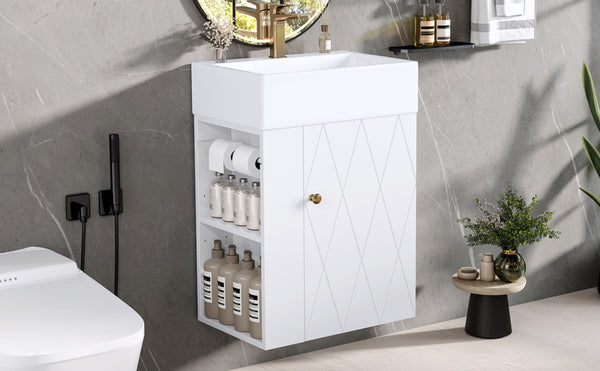 English Elm 20 Modern Wall-Mounted Bathroom Vanity with Ceramic Sink, Diamond Door, Gold Handles & Shelves — Compact White N725P314033K