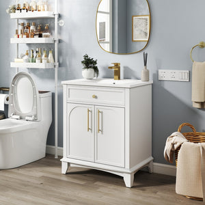 English Elm 27.8" Mid-century Freestanding Bathroom Vanity with Ceramic Sink Drawer and Wood Base White W1801S00004