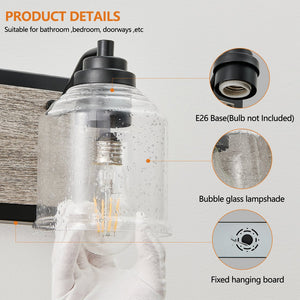 English Elm 32" Farmhouse Vanity Light Fixture - 4-Light Industrial Wall Sconce, Clear Seeded Glass, Black Wood Blend W2312P374827