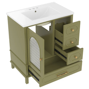 English Elm 30" Freestanding Bathroom Vanity Solid Wood Cabinet Ceramic Basin 3 Drawer Storage Green W1580P382512