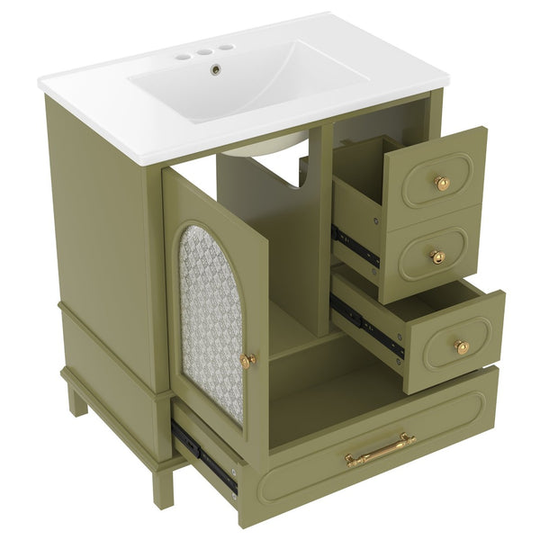 English Elm 30" Freestanding Bathroom Vanity Solid Wood Cabinet Ceramic Basin 3 Drawer Storage Green W1580P382512