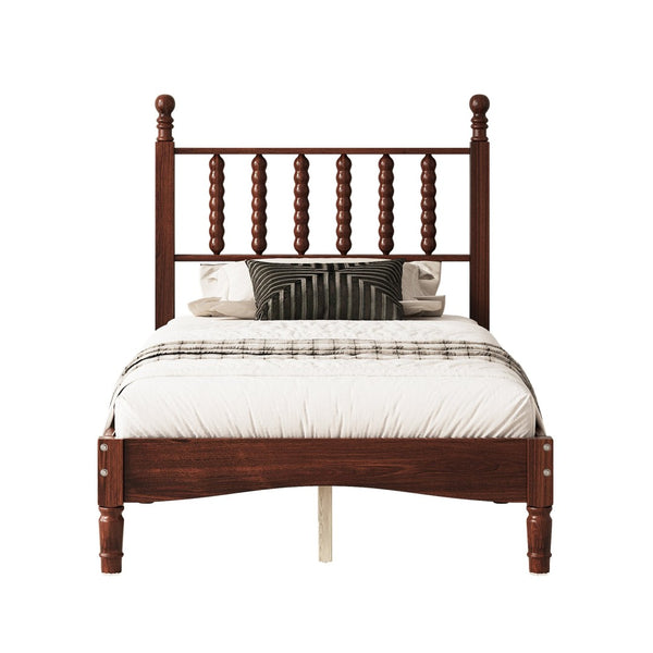 English Elm Twin Rubberwood Platform Bed Gourd Headboard Retro Bohemian Bedroom Slat Base Walnut N733P427029D