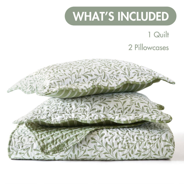 English Elm 3-piece King Quilt Set Scalloped Hem Microfiber Bedding for Master or Guest Room Sage Green B035P482950