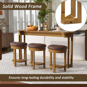 English Elm 4 Piece Bar Table Set with 3 Padded PU Stools, Solid Pine Legs, Oak Veneer Top, Rustic Rivet Accents Natural W1202P289364
